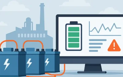 Illustration of three industrial batteries connected to a computer monitor displaying real-time battery status, including charge levels, performance graph, and a warning alert, against a factory background.