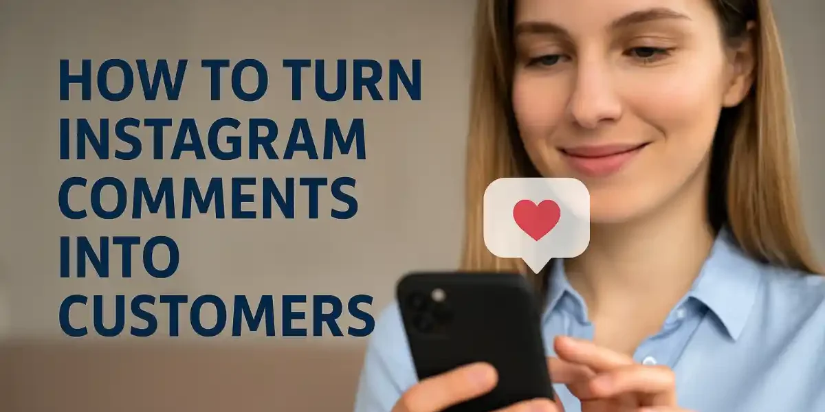 A woman in a blue shirt holding a smartphone, with a speech bubble featuring a red heart icon, and the text "HOW TO TURN INSTAGRAM COMMENTS INTO CUSTOMERS" overlaid in bold blue letters.