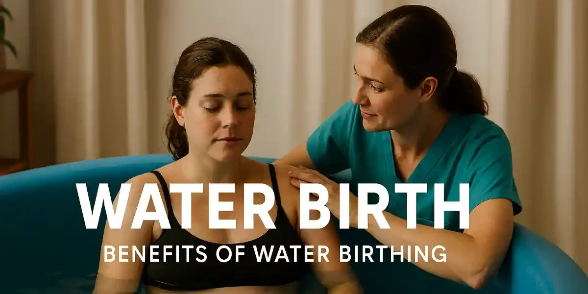 Expectant mother relaxing in a water birth tub with supportive midwife during labor
