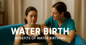 Expectant mother relaxing in a water birth tub with supportive midwife during labor