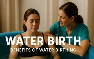 Expectant mother relaxing in a water birth tub with supportive midwife during labor