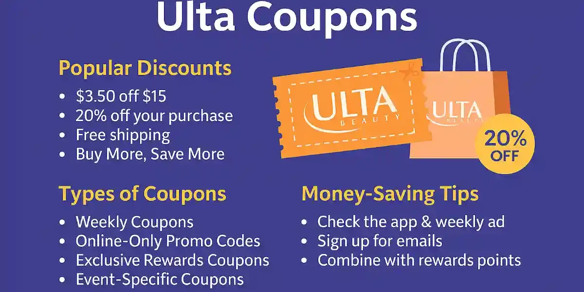 Infographic on Ulta coupons featuring popular discounts like $3.50 off $15 and 20% off, types of coupons such as weekly and online-only, and money-saving tips including app checks and email sign-ups.