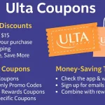Infographic On Ulta Coupons Featuring Popular Discounts Like $3.50 Off $15 And 20% Off, Types Of Coupons Such As Weekly And Online-Only, And Money-Saving Tips Including App Checks And Email Sign-Ups.