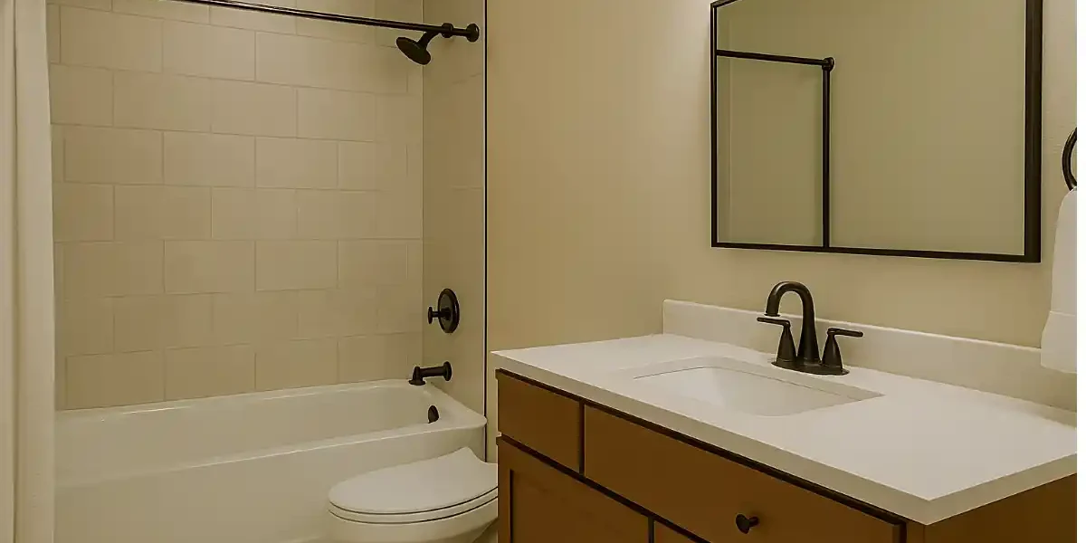 A modern 5×7 bathroom with a bathtub, shower, toilet, and vanity featuring a white countertop, wooden cabinet, black fixtures, and a large mirror against beige tiled walls.