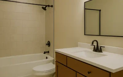 A modern 5×7 bathroom with a bathtub, shower, toilet, and vanity featuring a white countertop, wooden cabinet, black fixtures, and a large mirror against beige tiled walls.