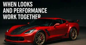 Red Chevrolet Corvette with carbon fiber accents and gold wheels, illustrating the blend of aesthetics and performance in auto upgrades.