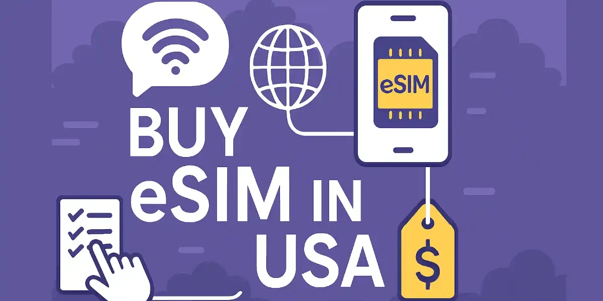 Illustration of buying eSIM in USA with smartphone, global icons, and dollar tag for mobile connectivity guide.