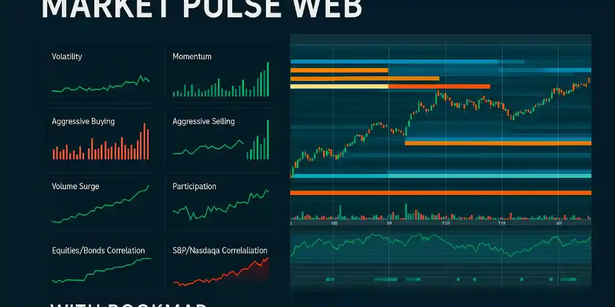Market Pulse Web dashboard displaying real-time charts for volatility, momentum, aggressive buying and selling, volume surge, participation, equities/bonds correlation, S&P/Nasdaq correlation, and a central candlestick chart with overlaid indicators.