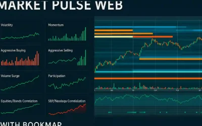 Market Pulse Web dashboard displaying real-time charts for volatility, momentum, aggressive buying and selling, volume surge, participation, equities/bonds correlation, S&P/Nasdaq correlation, and a central candlestick chart with overlaid indicators.