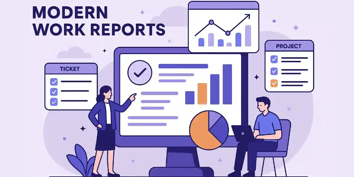 Modern work report dashboard with charts, checklists, and collaborative team members