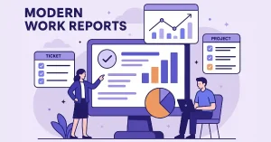 Modern work report dashboard with charts, checklists, and collaborative team members