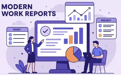 Modern work report dashboard with charts, checklists, and collaborative team members