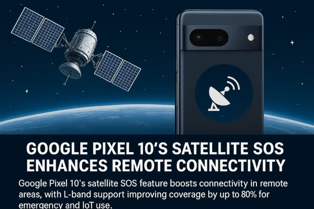 Google Pixel 10 smartphone with Satellite SOS feature, orbiting satellite, and Earth backdrop highlighting remote connectivity.