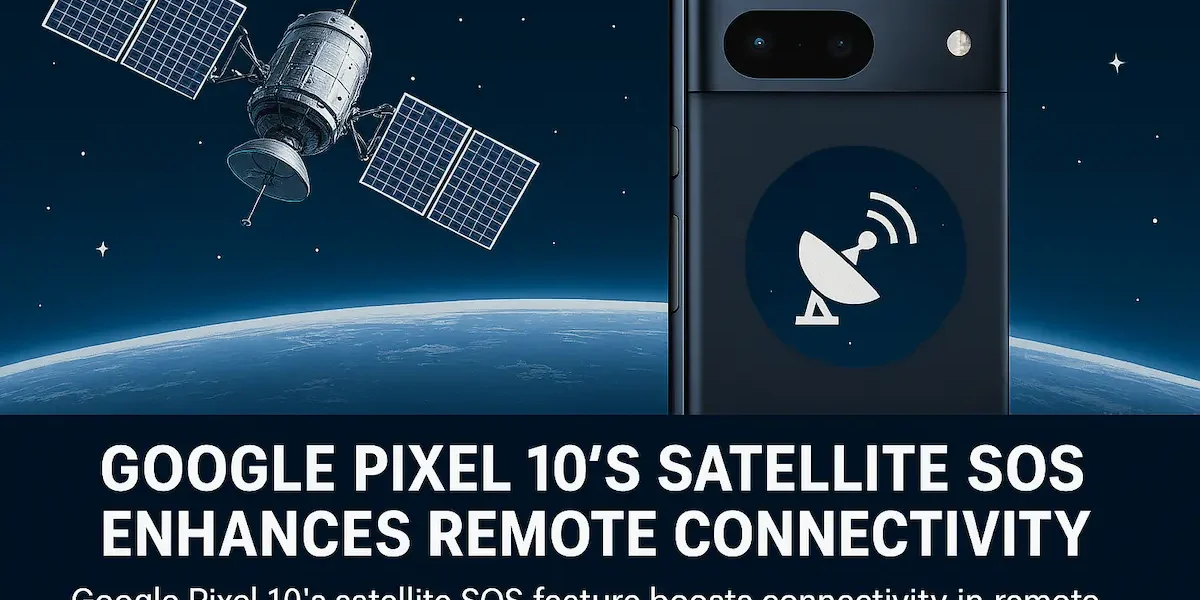 Google Pixel 10 smartphone with Satellite SOS feature, orbiting satellite, and Earth backdrop highlighting remote connectivity.
