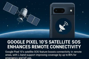 Google Pixel 10 smartphone with Satellite SOS feature, orbiting satellite, and Earth backdrop highlighting remote connectivity.