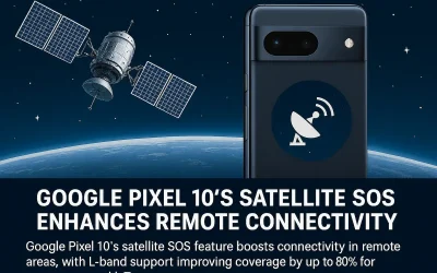 Google Pixel 10 smartphone with Satellite SOS feature, orbiting satellite, and Earth backdrop highlighting remote connectivity.