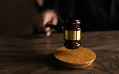 A wooden gavel resting on its sounding block, held by a hand in a judicial robe, symbolizing legal authority.