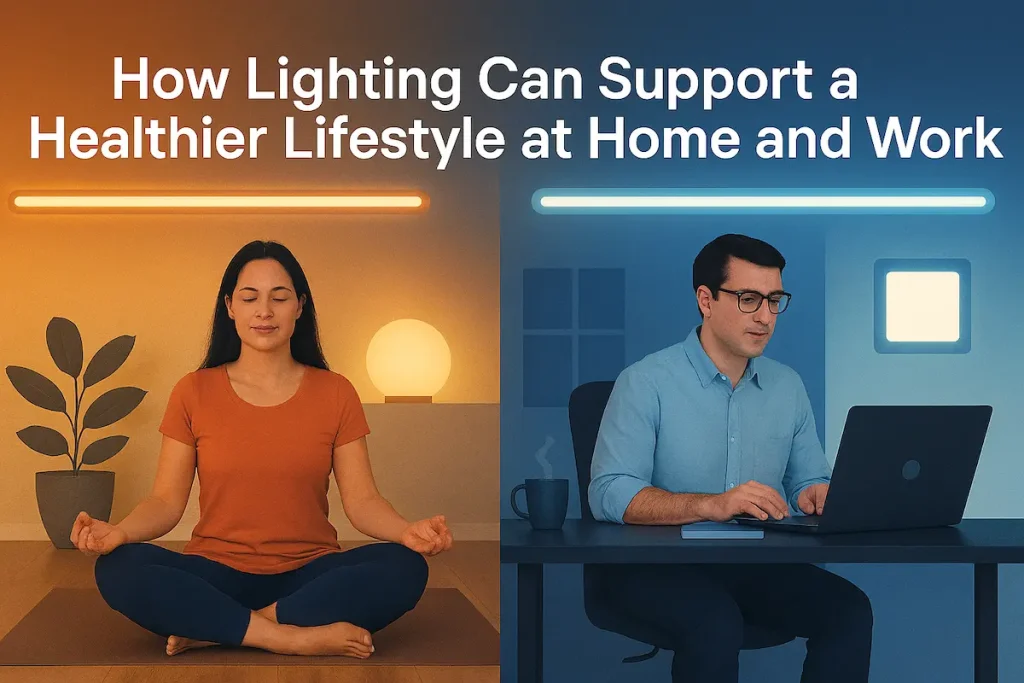 Real humans in home and office settings illuminated by COB LED lightning—showcasing how smart lighting supports wellness and productivity.