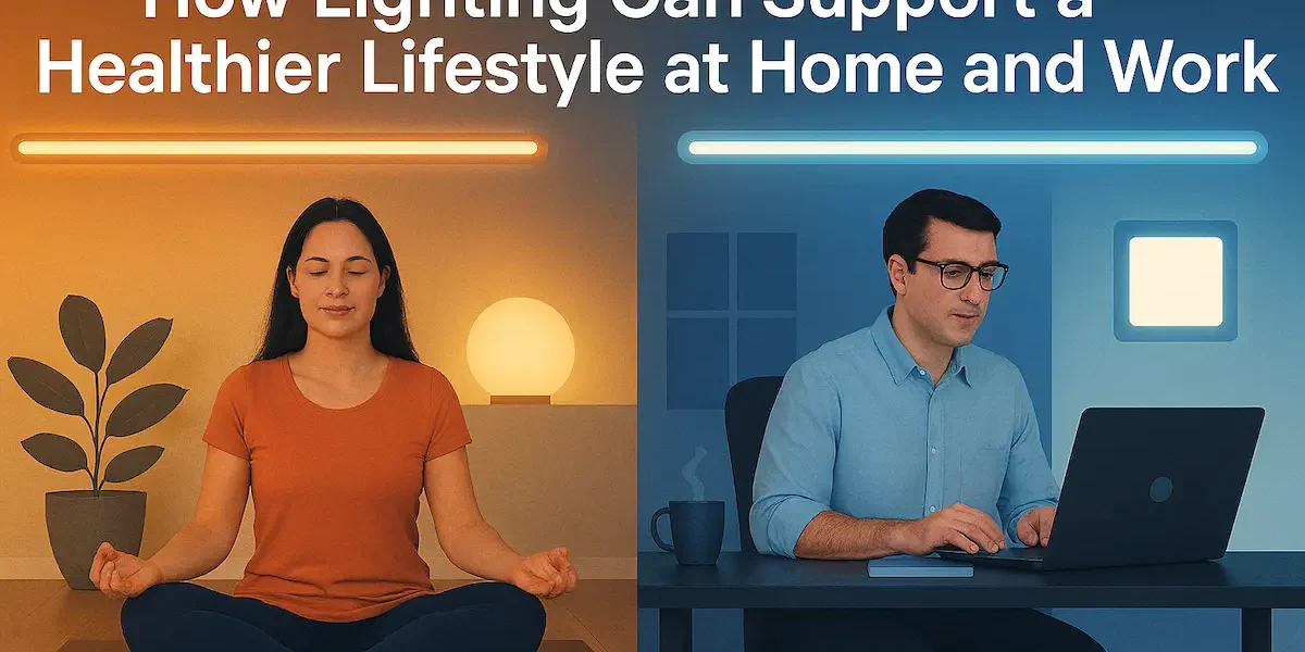 Real humans in home and office settings illuminated by COB LED lightning—showcasing how smart lighting supports wellness and productivity.