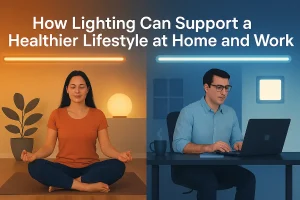 Real humans in home and office settings illuminated by COB LED lightning—showcasing how smart lighting supports wellness and productivity.