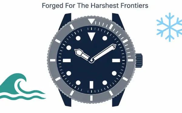 Illustration Of A Rugged Military-Style Wristwatch Face With A Snowflake And Wave Icon, Representing The Marathon Osar-D'S Arctic And Water Resistance Capabilities
