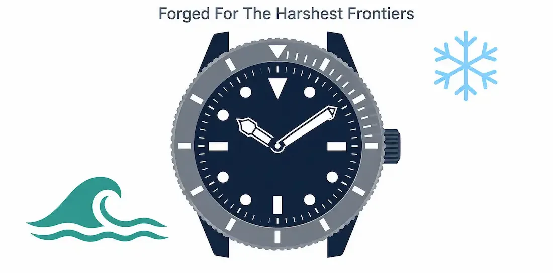 The Marathon Osar-D: A Watch Forged For The Harshest Frontiers 1 Illustration Of A Rugged Military-Style Wristwatch Face With A Snowflake And Wave Icon, Representing The Marathon Osar-D'S Arctic And Water Resistance Capabilities