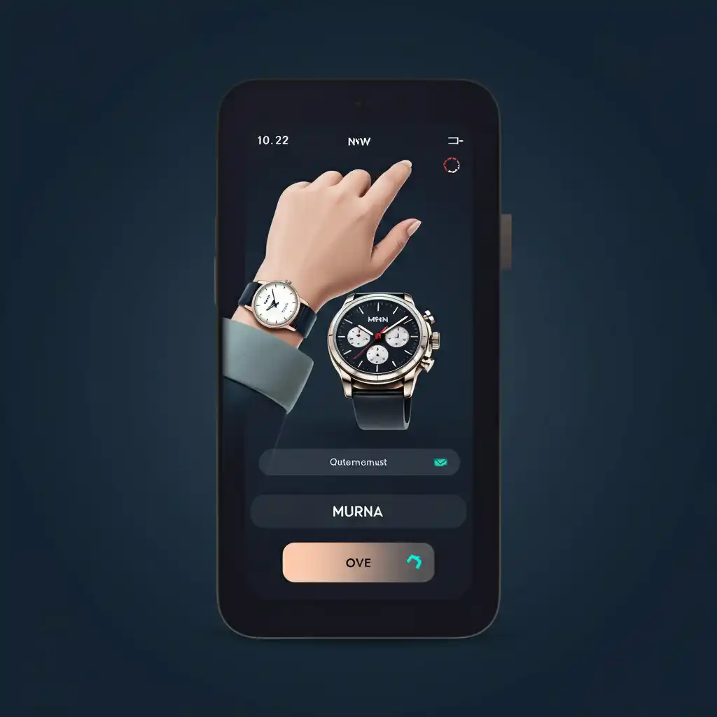 Smartphone screen showing a hand wearing a white-dial wristwatch pointing at a black-dial smartwatch displayed on the app interface with branding and selection options.