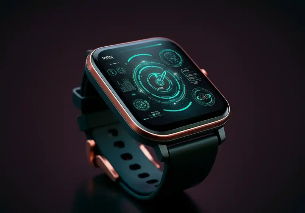 Modern smartwatch with a square face and neon-lit interface showing time, heart rate, steps, and other health metrics on a black strap with metallic accents.