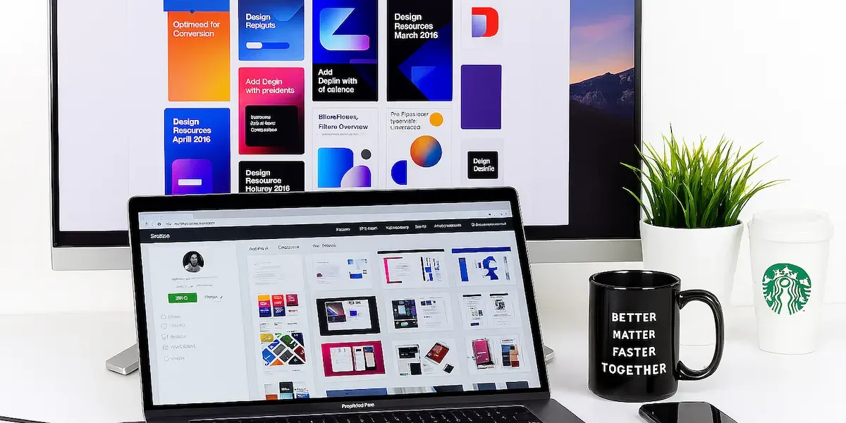Dual-monitor workspace showing a professional web design dashboard and Behance portfolio, highlighting modern design and digital branding.