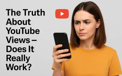 woman holding smartphone with concerned look, YouTube icon, and text 'The Truth About YouTube Views — Does It Really Work?'