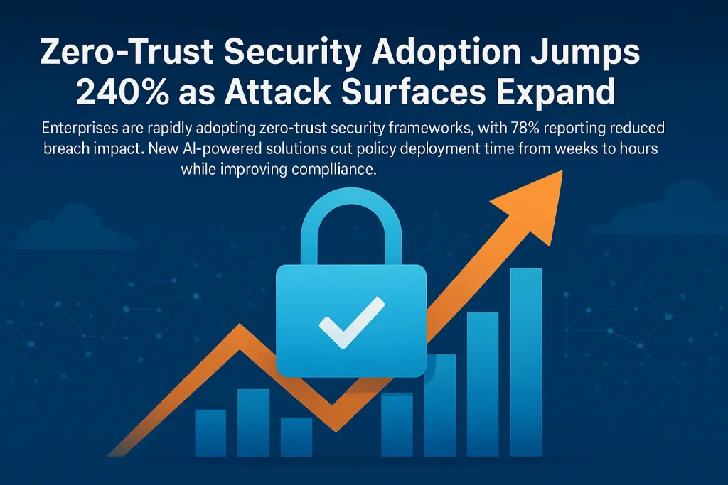 "Digital illustration showing a padlock icon over an upward-trending bar graph, symbolizing the rise of zero-trust security adoption. Background features a network of glowing nodes and cloud silhouettes.