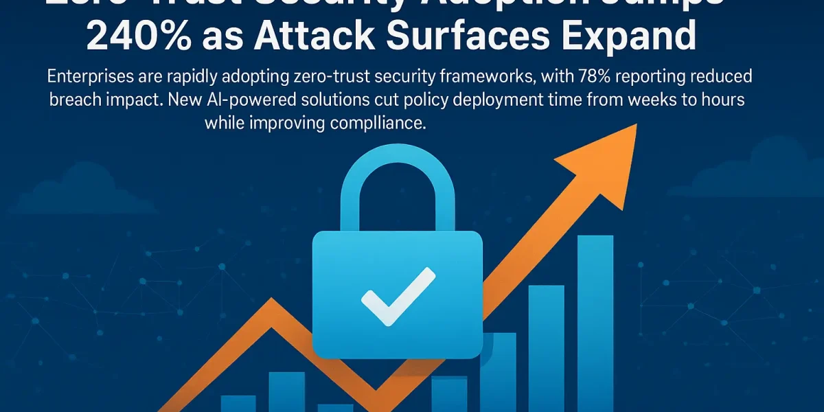 "Digital illustration showing a padlock icon over an upward-trending bar graph, symbolizing the rise of zero-trust security adoption. Background features a network of glowing nodes and cloud silhouettes.