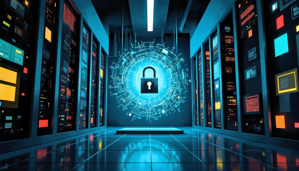 Cybersecurity and data Centre security concept showing a digital lock icon symbolizing data protection, online security, and infrastructure safety.