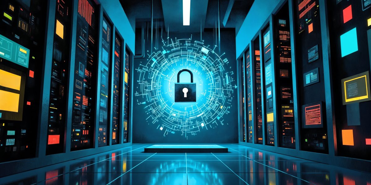 Cybersecurity and data Centre security concept showing a digital lock icon symbolizing data protection, online security, and infrastructure safety.
