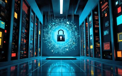 Cybersecurity and data Centre security concept showing a digital lock icon symbolizing data protection, online security, and infrastructure safety.