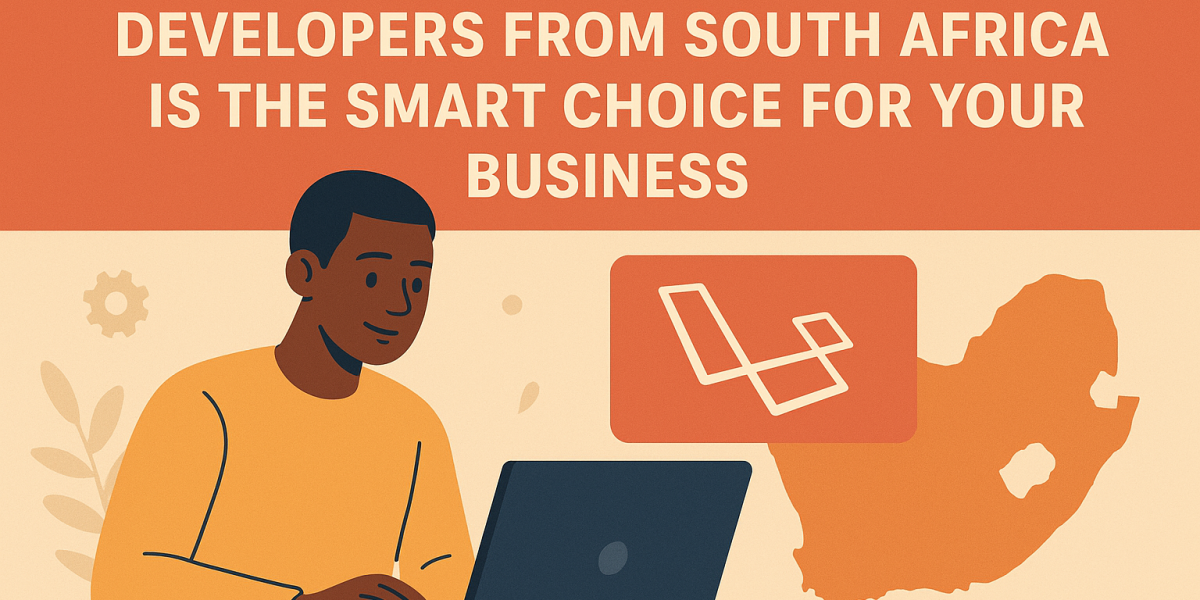 Illustration of a developer working on a laptop with the Laravel logo and South Africa map, highlighting why hiring Laravel developers from South Africa is a smart business choice.