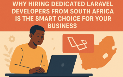 Illustration of a developer working on a laptop with the Laravel logo and South Africa map, highlighting why hiring Laravel developers from South Africa is a smart business choice.
