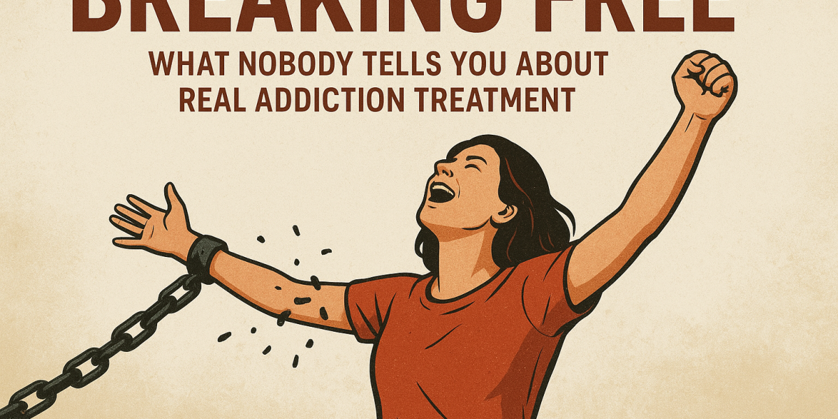 Illustration of a woman breaking free from chains with arms raised, symbolizing liberation and recovery, alongside the text “Breaking Free: What Nobody Tells You About Real Addiction Treatment.”
