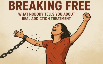 Illustration of a woman breaking free from chains with arms raised, symbolizing liberation and recovery, alongside the text “Breaking Free: What Nobody Tells You About Real Addiction Treatment.”
