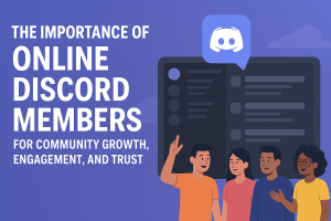 Illustration of online Discord members interacting in a server, symbolizing community growth, engagement, and trust.