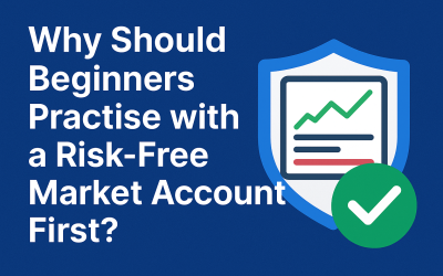 Graphic illustration highlighting the importance of beginners practising with a risk-free market account before trading, featuring shield, chart, and checkmark icons. Market