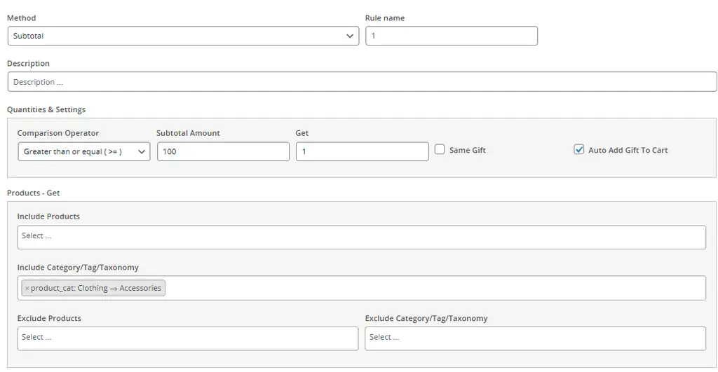 Configuration interface for setting up a WooCommerce promotional rule using the "Subtotal" method. Includes fields for rule name, description, comparison operator, subtotal threshold, and gift quantity. Checkboxes for "Same Gift" and Auto Add Gift to Cart" are present, along with product and category inclusion/exclusion options. Used to automate free gift offers based on cart value.