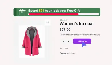 Online product page for a women's pink fur coat with gray lining and cuffs, priced at $59.00. A promotional banner at the top reads "Spend $91 to unlock your Free Gift!" with a progress bar showing remaining amount. Includes product description, SKU, category, quantity selector, and a purple "Add To Cart" button. Highlights promotional incentives and shopping interface design.