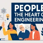 Illustration Of Diverse Team Collaborating On Engineering Ideas With Icons Of Gear, Atom, And Lightbulb, Titled People: The Heart Of Engineering.