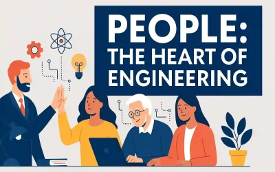 Illustration of diverse team collaborating on engineering ideas with icons of gear, atom, and lightbulb, titled People: The Heart of Engineering.