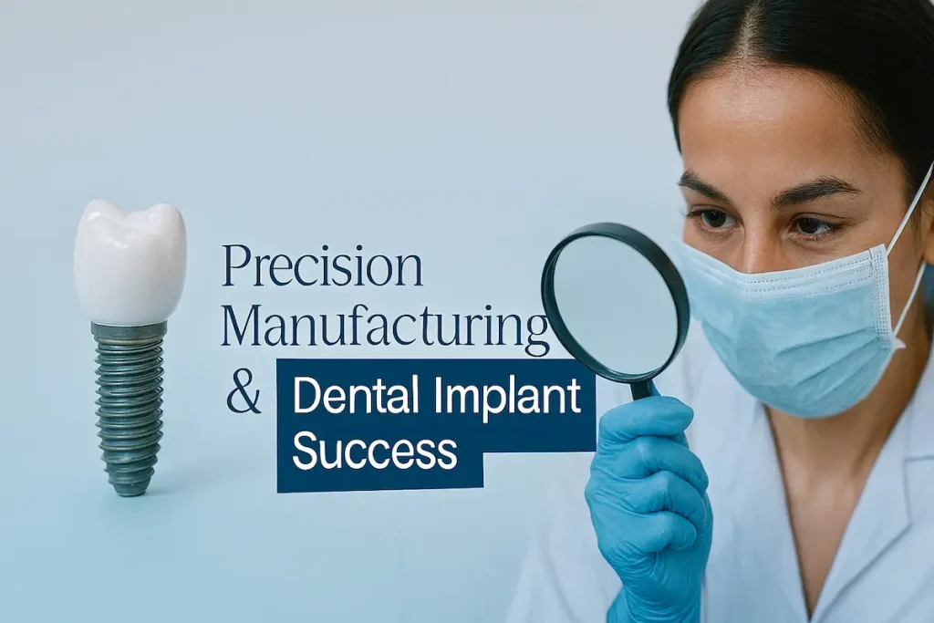 Dental implant with titanium screw and ceramic crown examined by masked dentist under magnifying glass