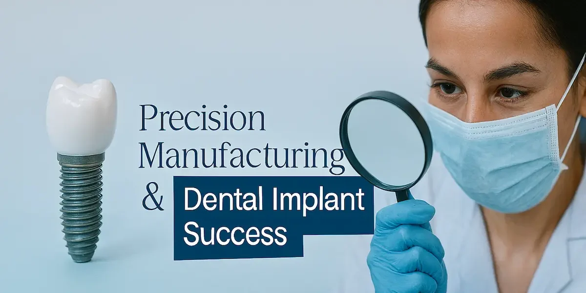Dental implant with titanium screw and ceramic crown examined by masked dentist under magnifying glass