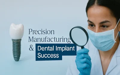 Dental implant with titanium screw and ceramic crown examined by masked dentist under magnifying glass