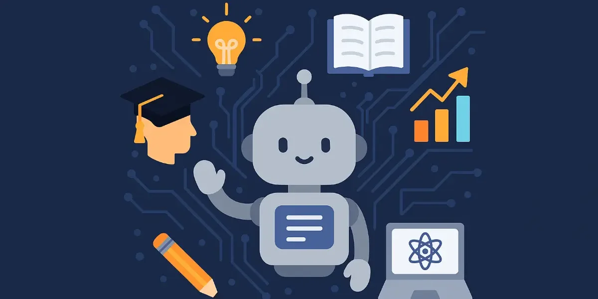 Illustrative graphic of a robot with educational icons including a graduation cap, lightbulb, book, graph, pencil, and laptop on a circuit board background, representing AI in education.