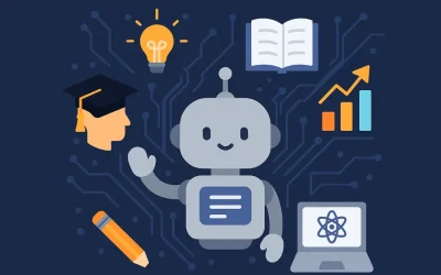 Illustrative graphic of a robot with educational icons including a graduation cap, lightbulb, book, graph, pencil, and laptop on a circuit board background, representing AI in education.